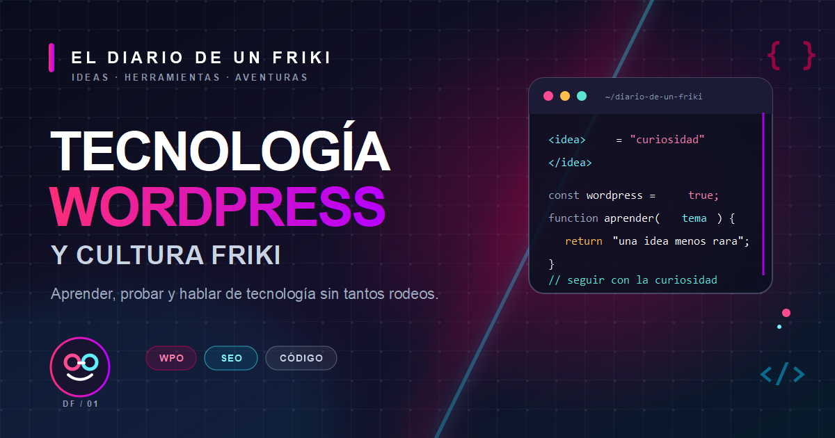 Banner de El Diario de un Friki con estética tecnológica, código y detalles magenta y cian